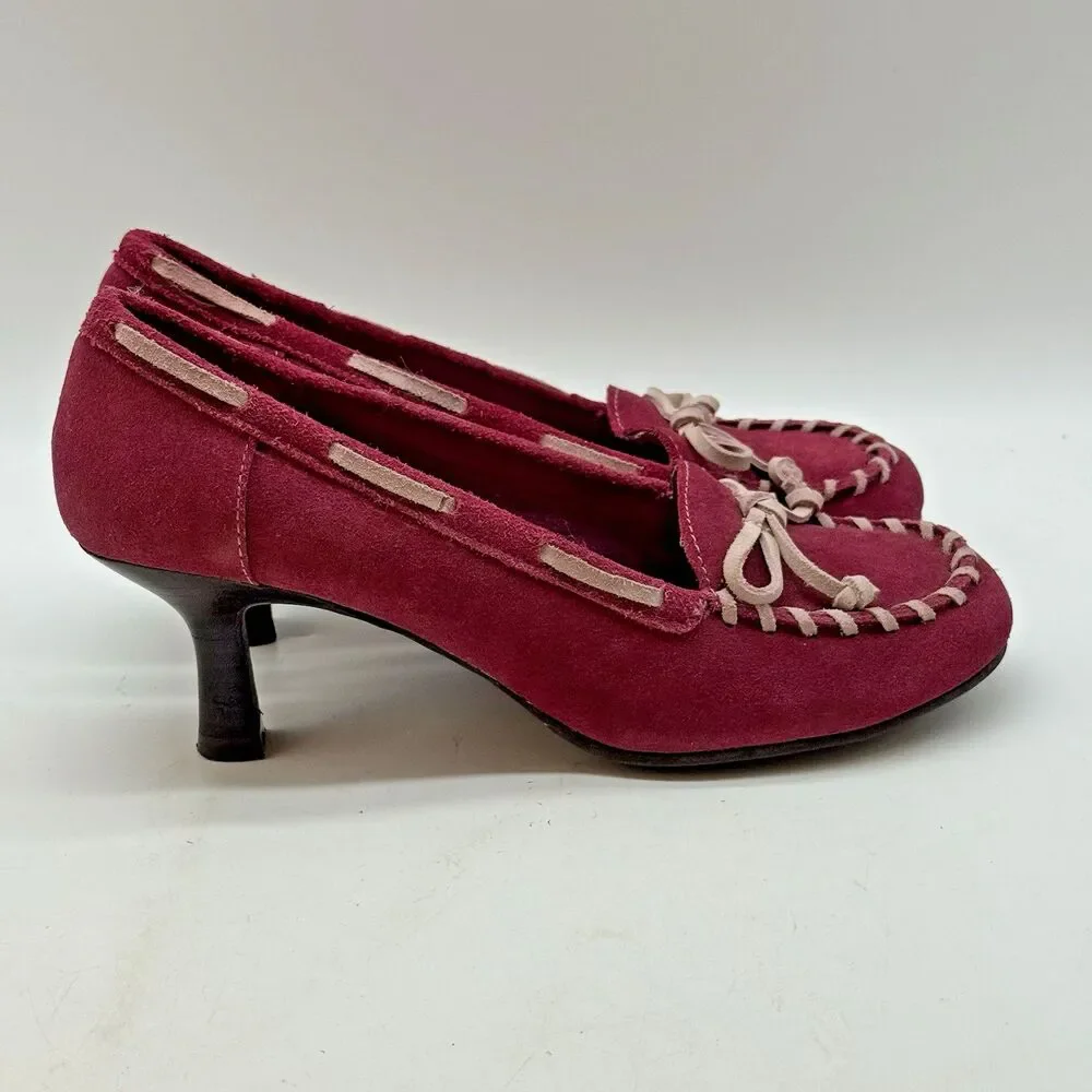 MUDD Y2K Freeda Womens 7 Raspberry Suede Leather Kitten Heel Moccasin Pumps Boho